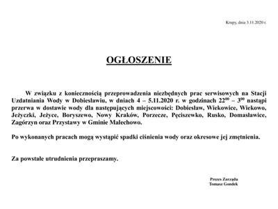 Plakat informujący o przerwie w dostawie wody w miejscowości Przystawy.