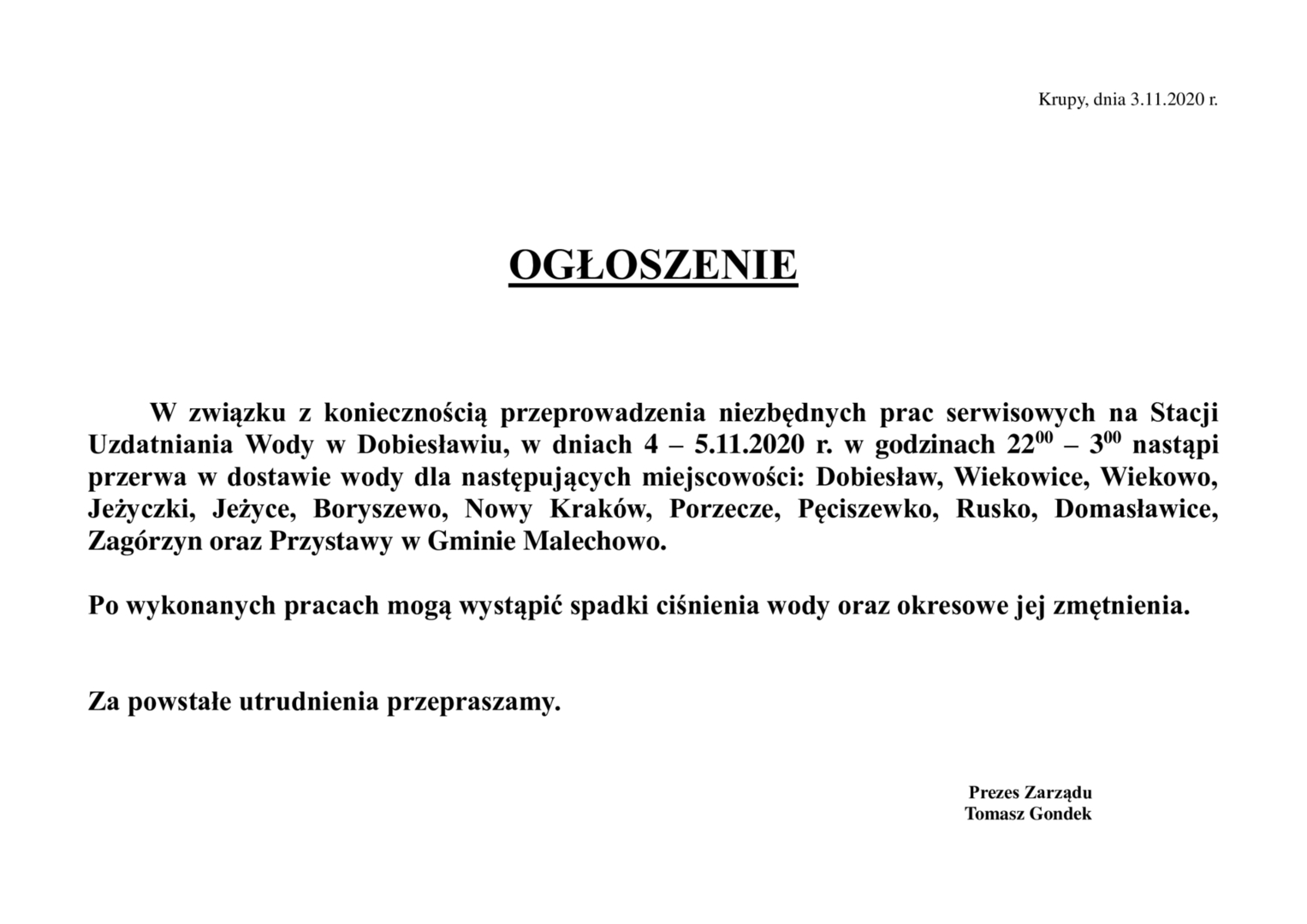 Plakat informujący o przerwie w dostawie wody w miejscowości Przystawy.