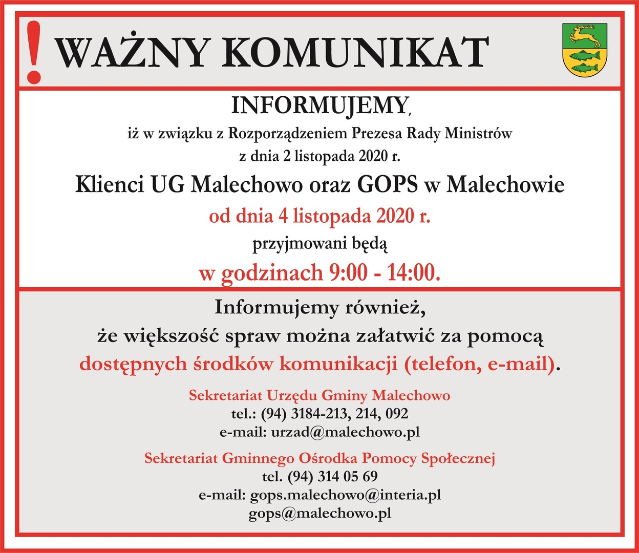 Informacja dotycząca godzin otwarcia urzędu.