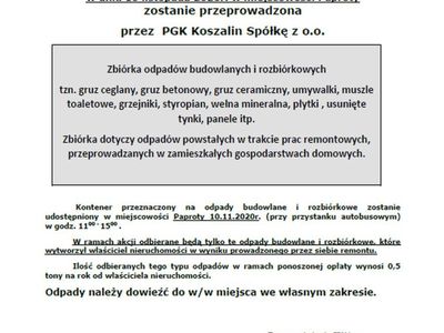 Informacja dotycząca zbiórki odpadów budowlanych w Paprotach dnia 10 listopada br.