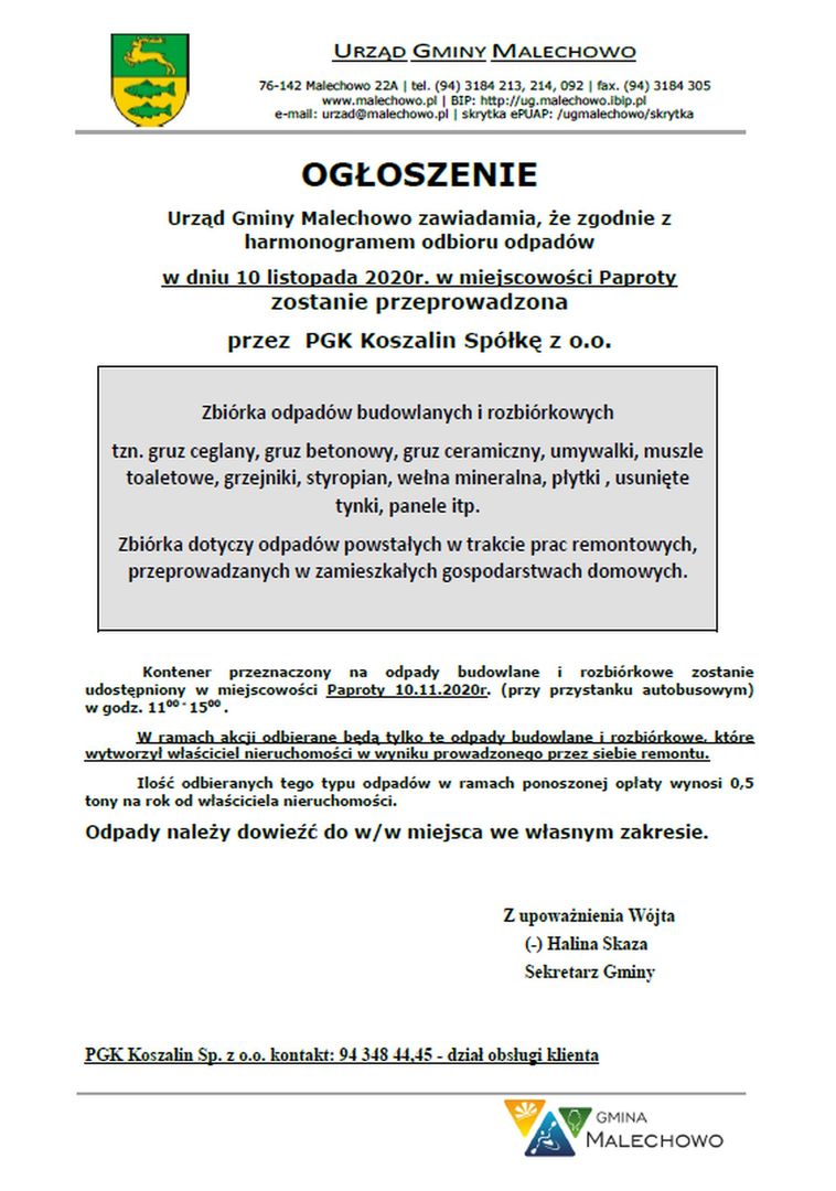 Informacja dotycząca zbiórki odpadów budowlanych w Paprotach dnia 10 listopada br.