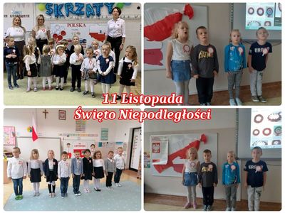 Kolaż czterech zdjęć prezentujący grupy przedszkolaków z malechowskiego przedszkola podczas uroczystego odśpiewania Mazurka Dąbrowskiego.