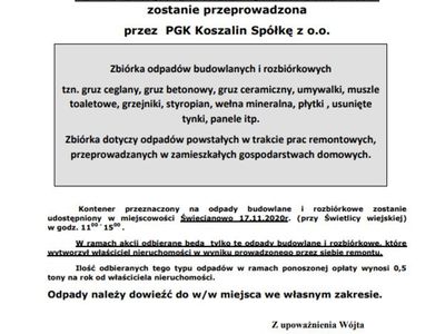 Informacja o zbiórce odpadów budowlanych w Święcianowie dnia 17 listopada br.