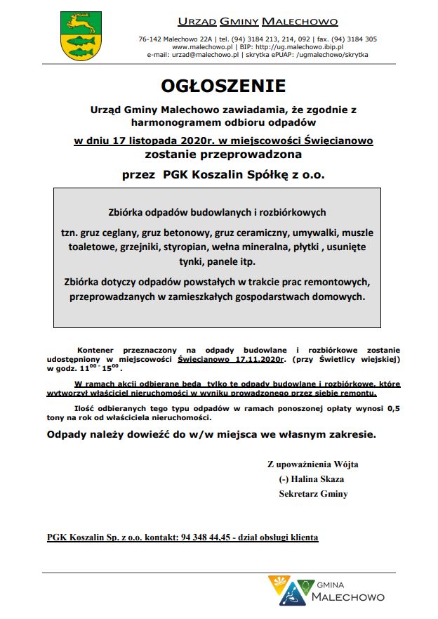 Informacja o zbiórce odpadów budowlanych w Święcianowie dnia 17 listopada br.