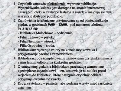 Informacja na temat telefonicznego wypożyczania książek w Gminnej Bibliotece Publicznej w Malechowie.