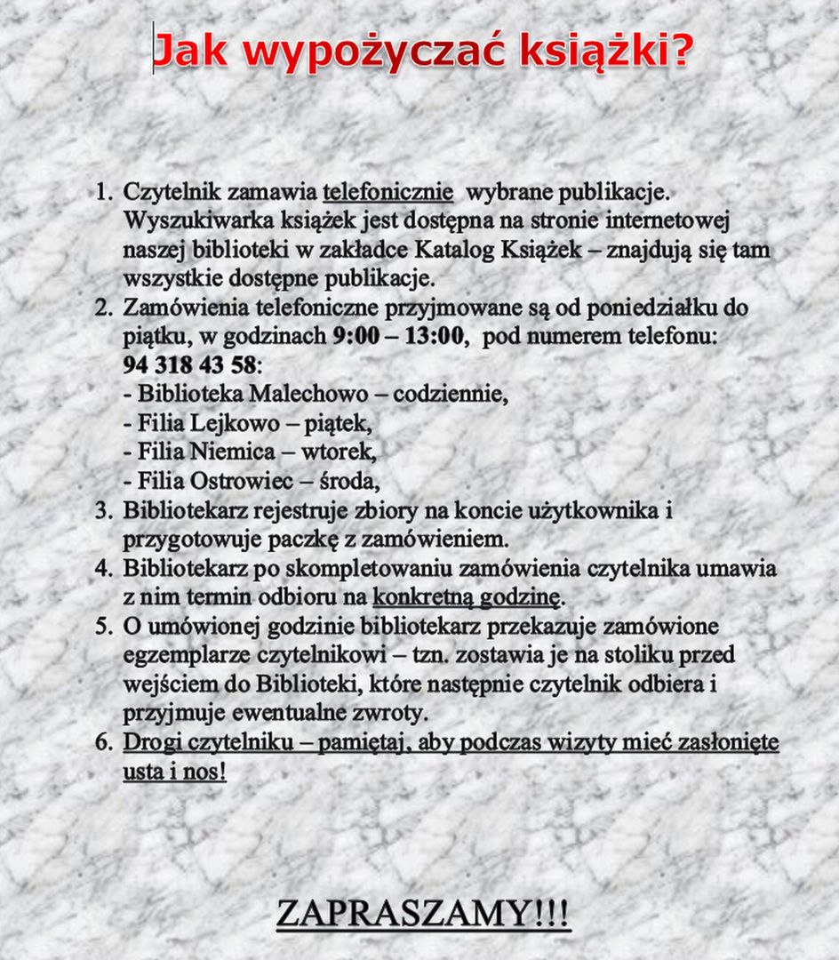 Informacja na temat telefonicznego wypożyczania książek w Gminnej Bibliotece Publicznej w Malechowie.
