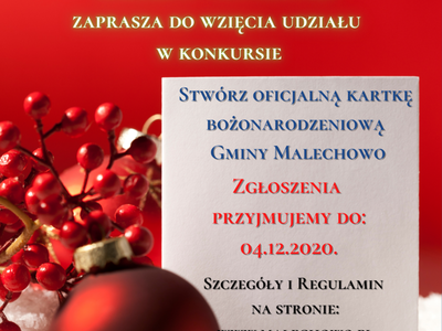 Plakat informujący o konkursie plastycznym na kartkę bożonarodzeniową Gminy Malechowo.