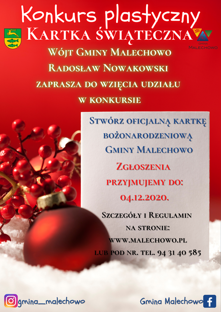 Plakat informujący o konkursie plastycznym na kartkę bożonarodzeniową Gminy Malechowo.