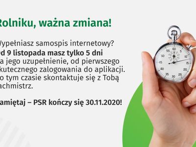 Grafika dotyczy zmiany czasu na uzupełnienie informacji w Powszechnym Spisie Rolnym, od pierwszego logowania będzie to 5 dni.