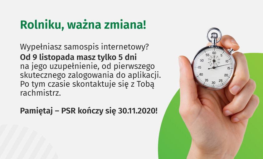 Grafika dotyczy zmiany czasu na uzupełnienie informacji w Powszechnym Spisie Rolnym, od pierwszego logowania będzie to 5 dni.
