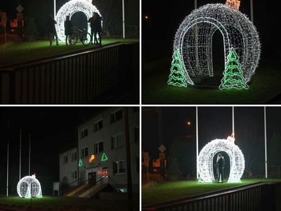 Kolaż zdjęć bombki oraz osób, które się fotografują w jej pobliżu. 