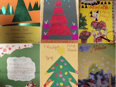 Kolaż ze zdjęć kartek, którzy uczniowie malechowskiej szkoły przygotowali dla Seniorów z naszej gminy. 