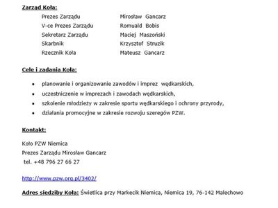 Informacje na temat Koła PZW - Niemica. 