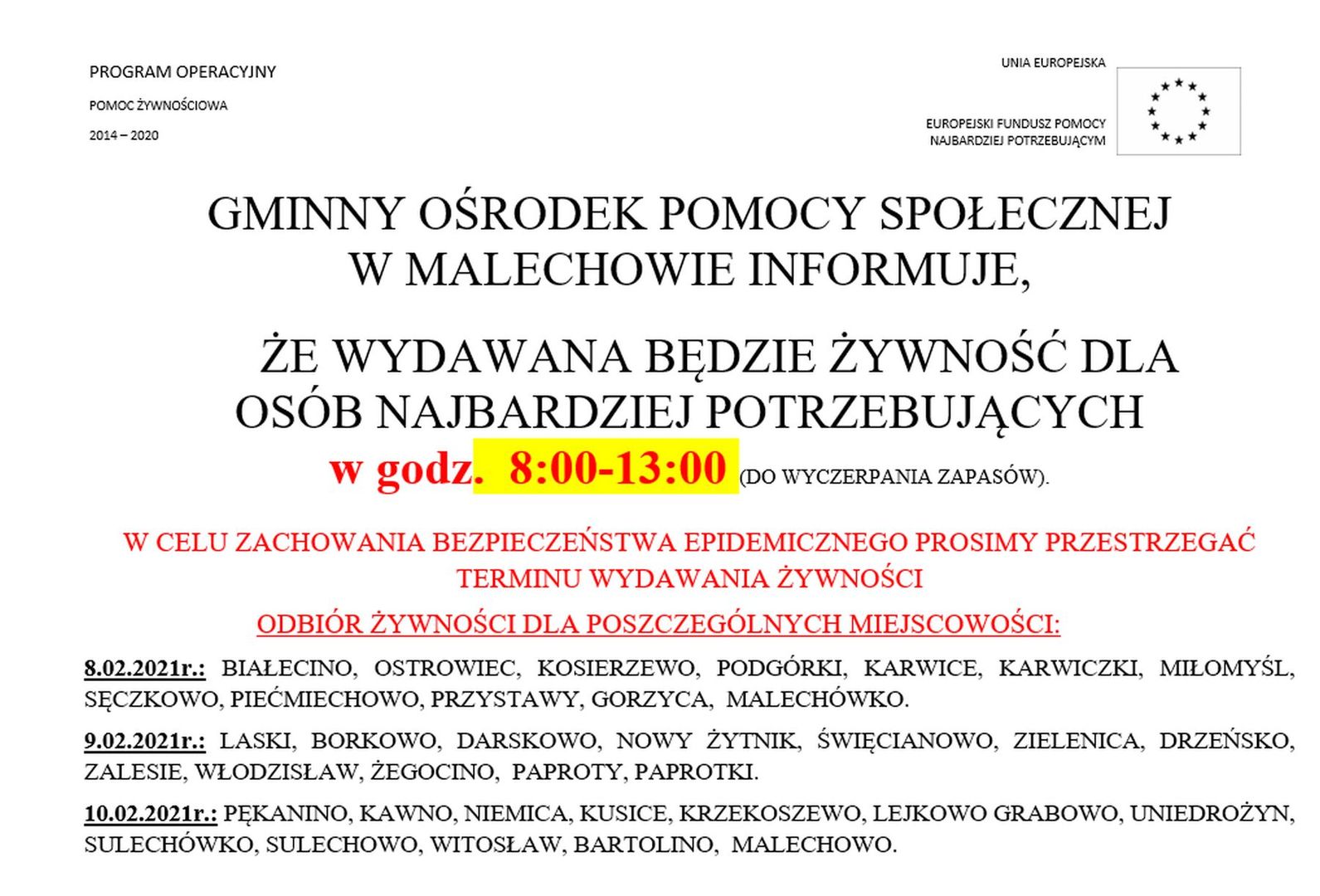 Informacja na temat wydania żywności w GOPSie. 