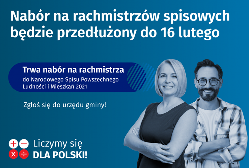 Plakat dotyczący naboru na rachmistrza przedłużonego do dnia 16 lutego br.