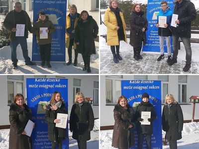 Kolaż zdjęć stypendystów ze Szkoły Podstawowej w Niemicy wraz z dyrektor placówki, wychowawcami i rodzicami dzieci. 