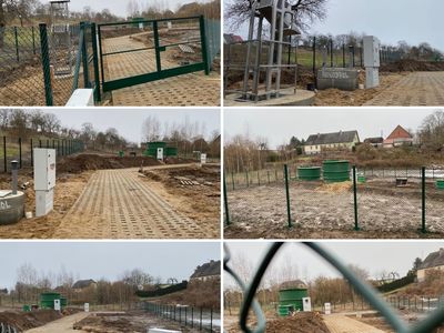 Kolaż zdjęć z placu budowy oczyszczalni ścieków w Podgórkach.