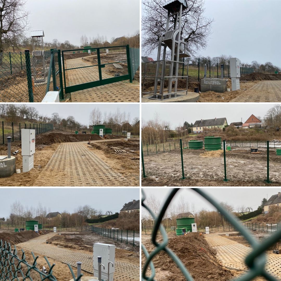 Kolaż zdjęć z placu budowy oczyszczalni ścieków w Podgórkach. 