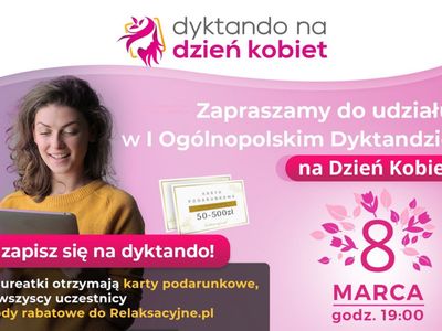 Plakat informujący o pierwszym Ogólnopolskim Dyktandzie dla Kobiet, które odbędzie się 8 marca br. w formie on-line.