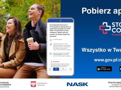 Plakat informacyjny na temat aplikacji STOP COVID - ProteGO Safe.