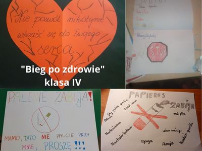 Plakaty klasy czwartej ze Szkoły Podstawowej w Lejkowie, obrazujące temat kampanii antytytoniowej w ramach projektu "Bieg po zdrowie".