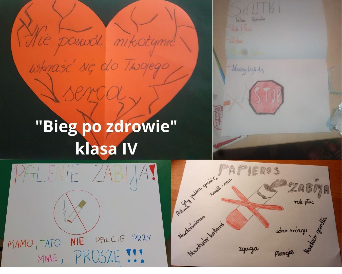 Plakaty klasy czwartej ze Szkoły Podstawowej w Lejkowie, obrazujące temat kampanii antytytoniowej w ramach projektu "Bieg po zdrowie". 