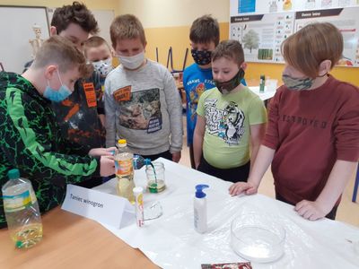 Uczniowie klasy trzeciej ze Szkoły Podstawowej w Niemicy w trakcie warsztatów badawczych "Lawa”.