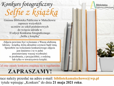 Plakat informacyjny, dotyczący konkursu fotograficznego Selfie z książką.