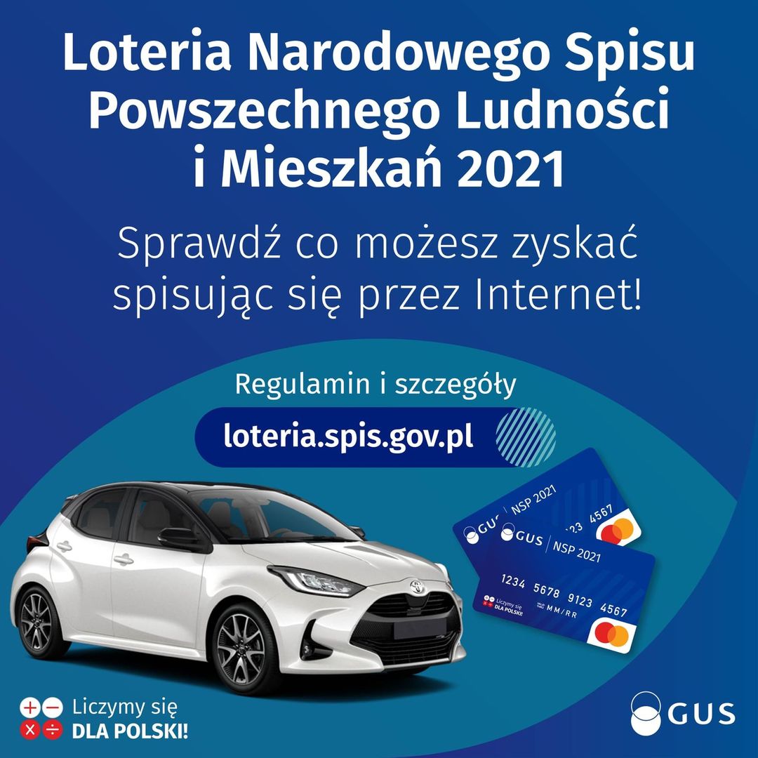 Plakat dotyczący loterii spisowej w ramach Narodowego Spisu Powszechnego Ludności i Mieszkań 2021, zasad loterii i oferowanych nagrodach.  