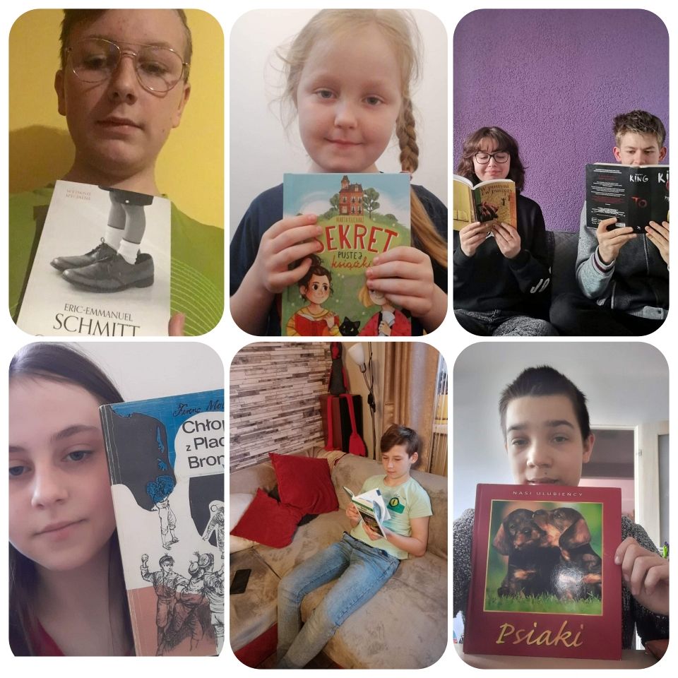 Kolaż zdjęć przedstawiający uczniów ze Szkoły Podstawowej w Lejkowie z ich ulubionymi książkami.
