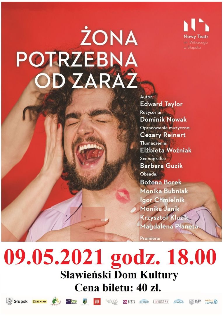 Plakat na temat spektaklu "Żona potrzebna od zaraz" w Sławieńskim Domu Kultury, który zaplanowano na 9 maja br.