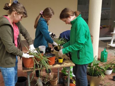 Wychowankowie Placówki Wsparcia Dziennego w Gorzycy podczas przesadzania kwiatków przed świetlicą wiejską w Gorzycy.