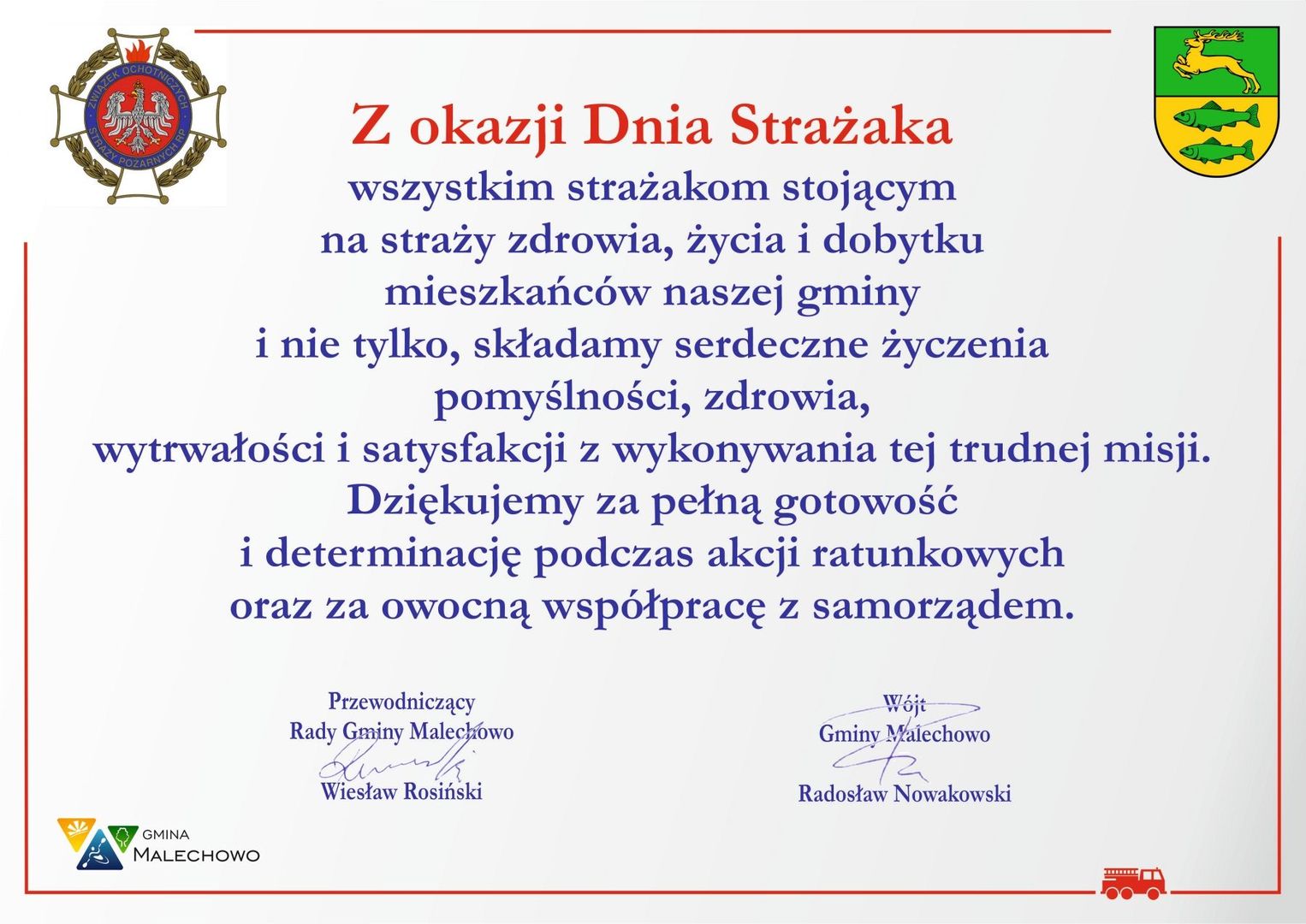 Życzenia z okazji Dnia Strażaka.