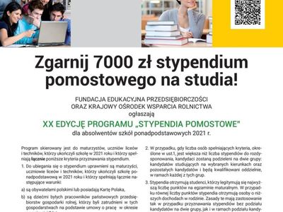 Plakat dotyczący stypendiów pomostowych w wysokości 7 tysięcy zł dla tegorocznych maturzystów.