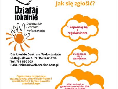 Plakat dotyczący konkursu grantowego "Działaj lokalnie 2021" i zasady dotyczące udziału.