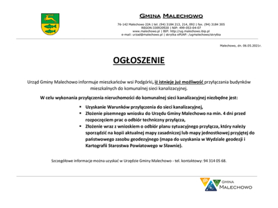 Ogłoszenie Urzędu Gminy Malechowo o możliwości przyłączenia budynków mieszkalnych do komunalnej sieci kanalizacyjnej w Podgórkach.
