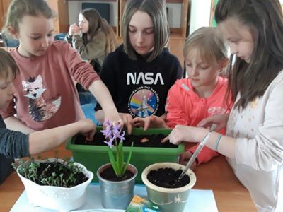 Dzieciaczki z Placówki Wsparcia Dziennego w Kosierzewie sadzą cebulkę.

