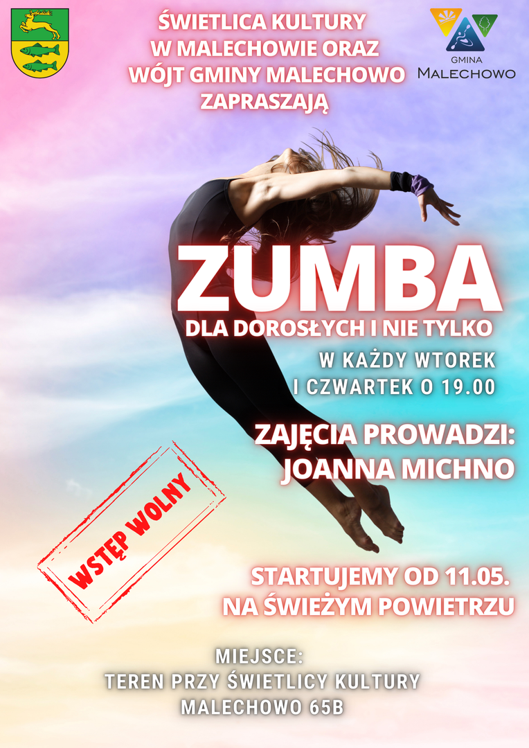 Plakat dotyczący zumby na świeżym powietrzu w Świetlicy Kultury w Malechowie, od 11 maja br. 