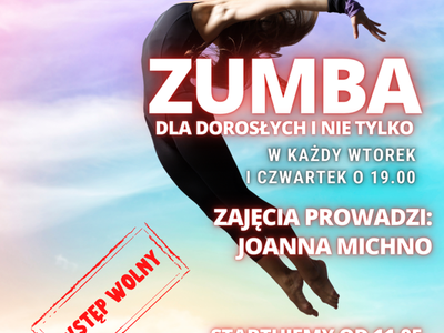 Plakat dotyczący zumby na świeżym powietrzu w Świetlicy Kultury w Malechowie, od 11 maja br.