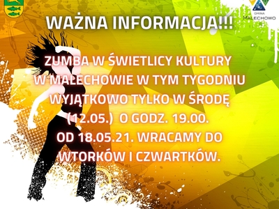 Plakat informujący o zmianie terminu Zumby w tym tygodniu.