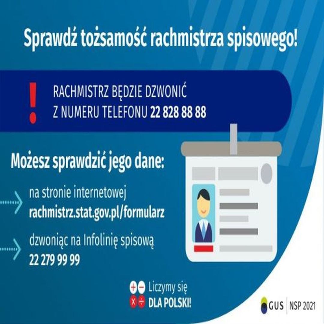 Plakat dotyczący  weryfikacji tożsamości rachmistrza spisowego. 