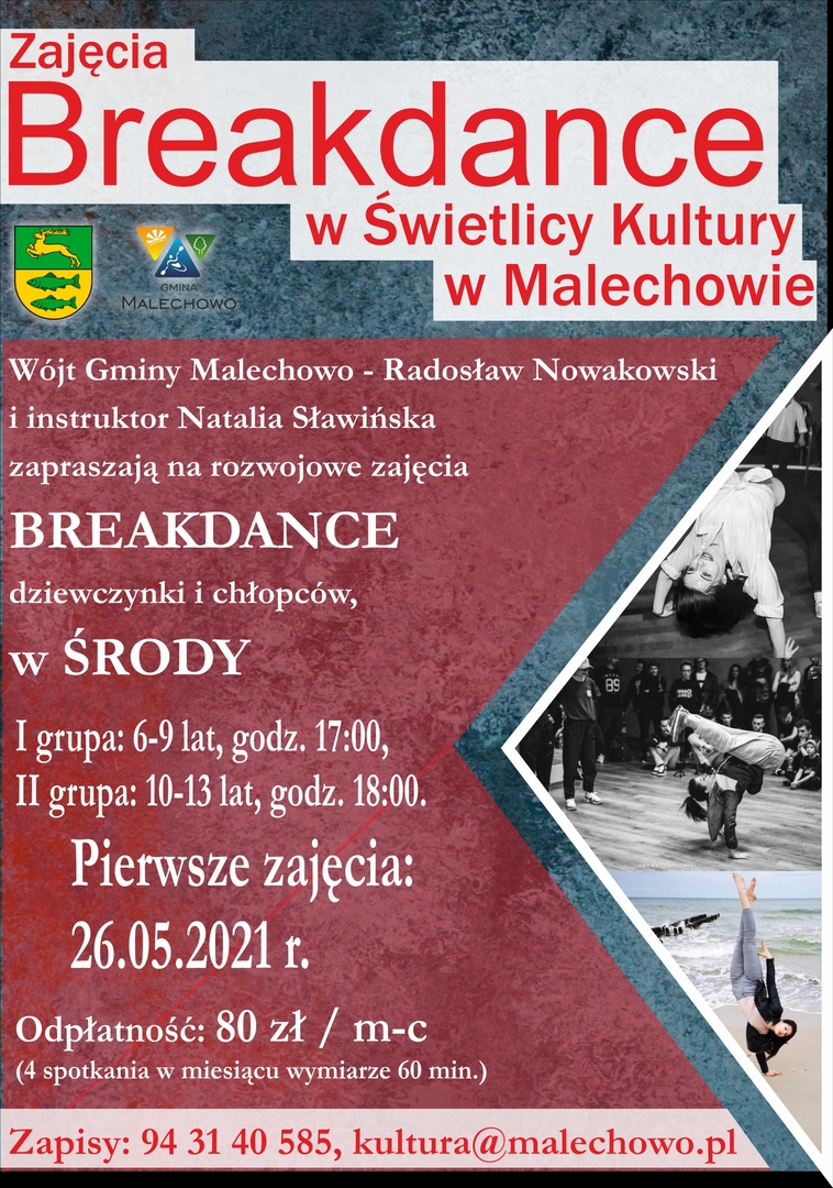 Plakat informujący o zajęciach breakdance w Świetlicy Kultury.
