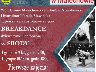 Plakat informujący o zajęciach breakdance w Świetlicy Kultury.