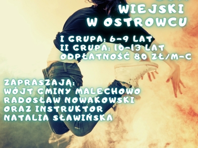 Plakat informujący o zapisach na zajęcia breakdance w Domu Wiejskim w Ostrowcu.