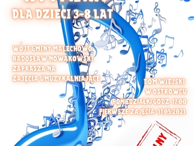 Plakat informujący o zajęciach rytmiki w Domu Wiejskim w Ostrowcu.