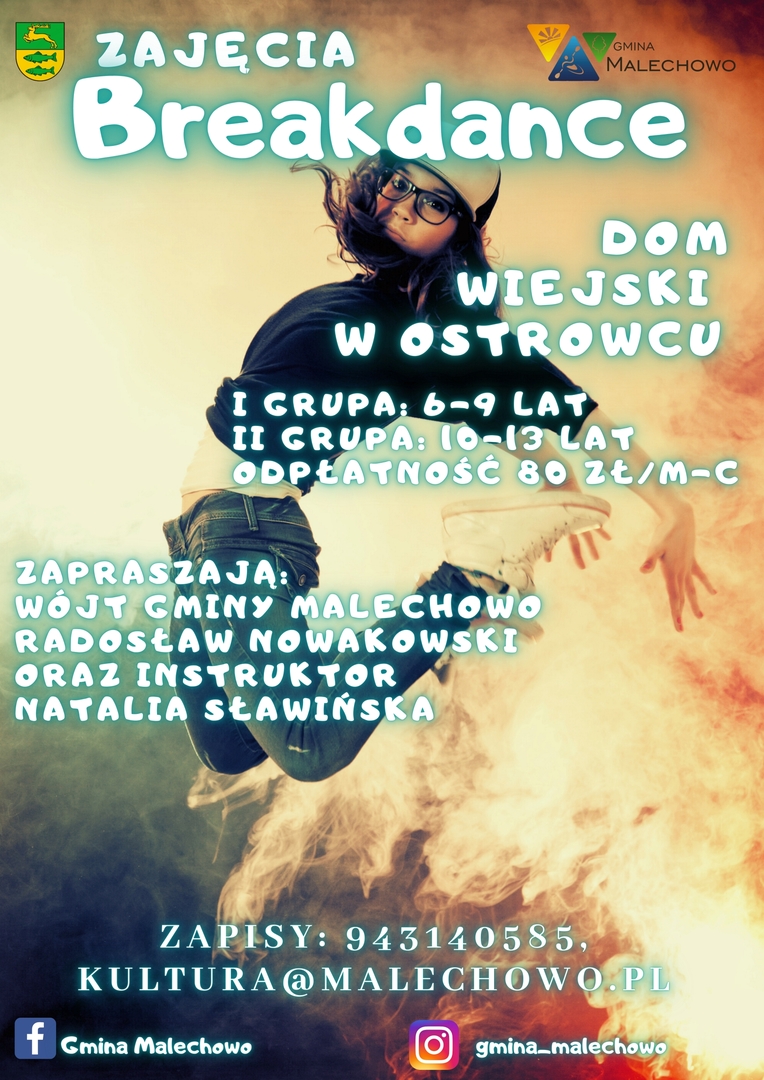 Plakat informujący o zapisach na zajęcia breakdance w Domu Wiejskim w Ostrowcu.