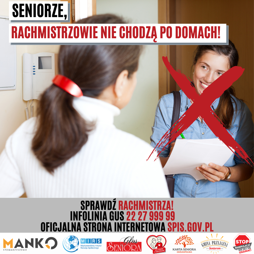 Plakat "Seniorze, rachmistrzowie nie chodzą po domach".