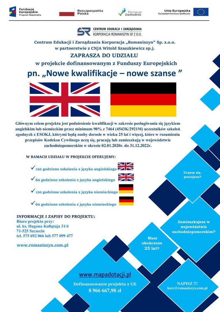 Zajęcia językowe z angielskiego i niemieckiego, zapisy i informacje na temat biura projektowego. 