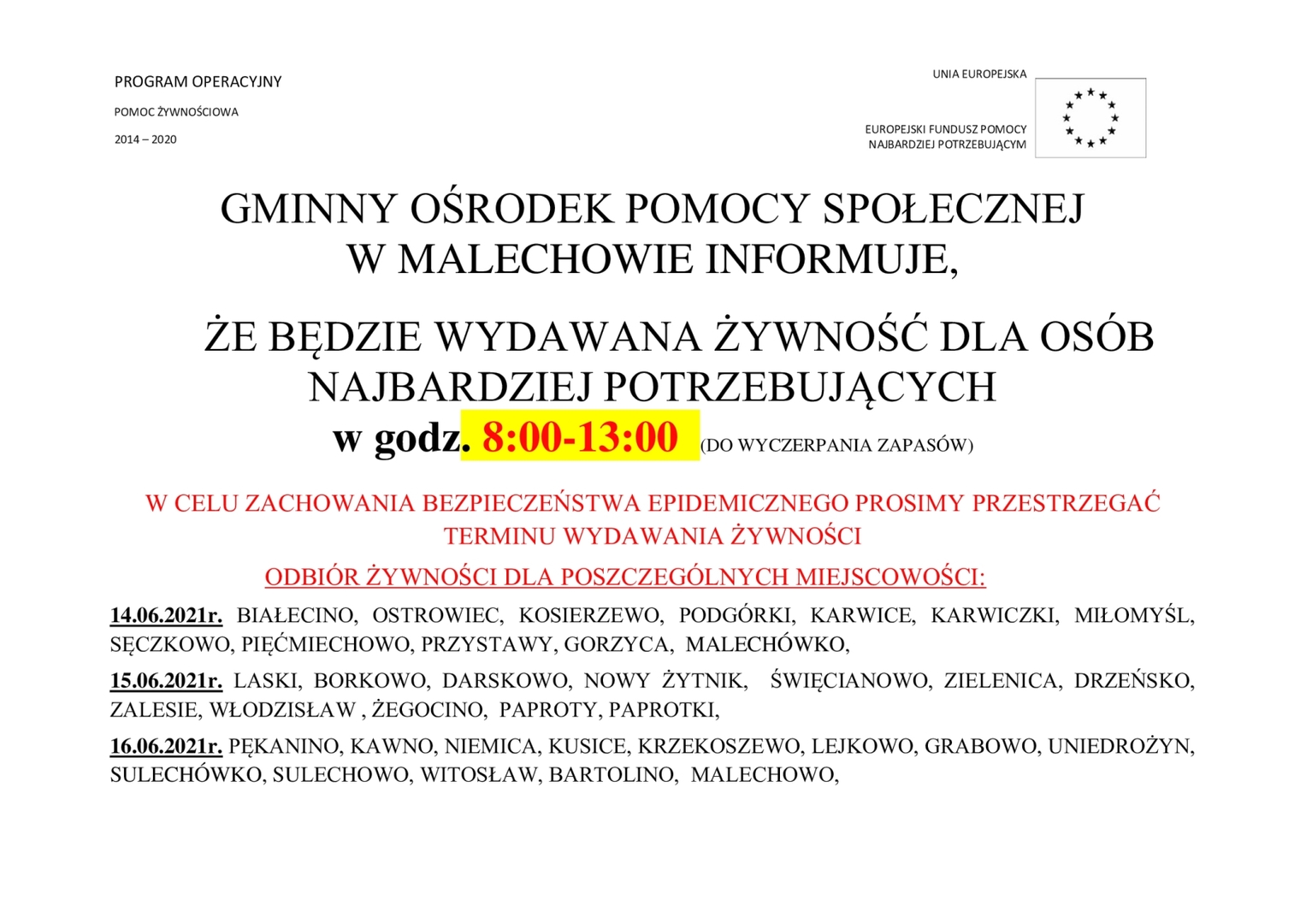 Informacja o wydawaniu żywności.