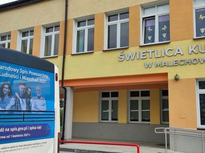 Autokar przewoźnika, na którym widnieje reklama Narodowego Spisu Powszechnego Ludności i Mieszkań 2021, zaparkowanego przy Zespole Szkolno-Przedszkolnym w Malechowie oraz Świetlicy Kultury w Malechowie. 